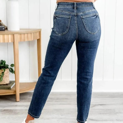 High-Waist Stretch Denim Pants with 3D Pattern