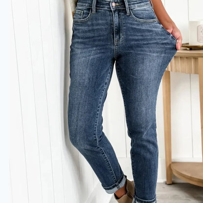 High-Waist Stretch Denim Pants with 3D Pattern
