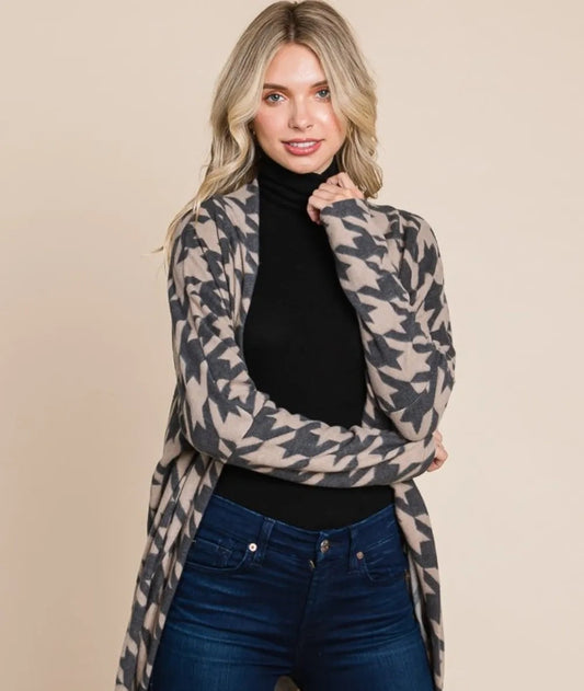 Houndstooth Open Front Knit Cardigan