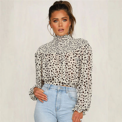 Polka Dot Chiffon Blouse – Tie Back High Neck Top