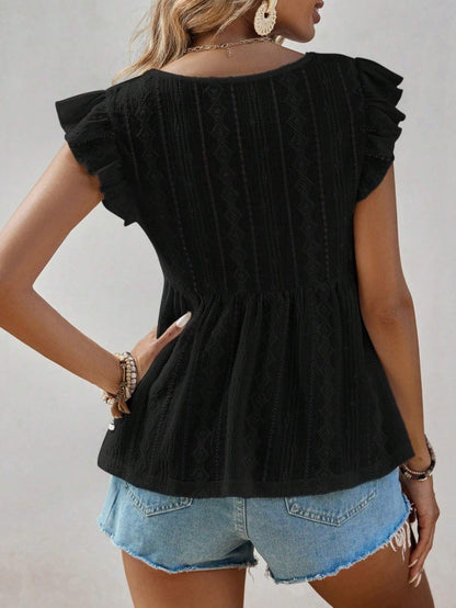 Hollowed-Out V-Neck Lace Top Ruffled Short Sleeve