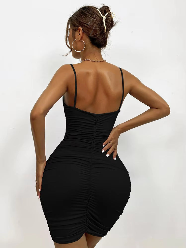 V-Neck Pleated Backless Sheath Suspender Dress