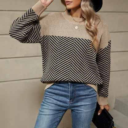 Striped Loose Pullover Sweater – Collage Stitch Design