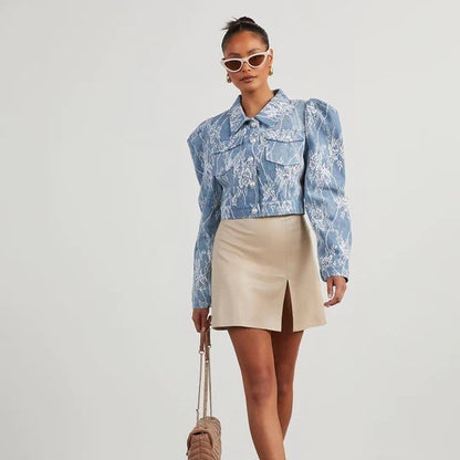 Fashion Casual Loose Floral Lace Denim Jacket