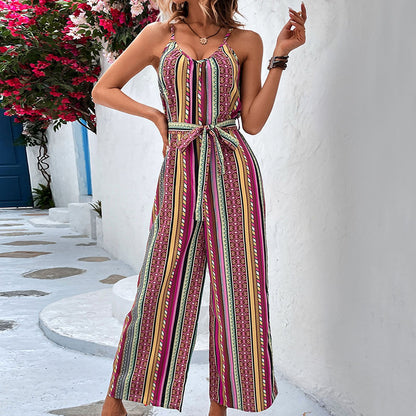 Striped Spaghetti Strap Cropped Jumpsuit
