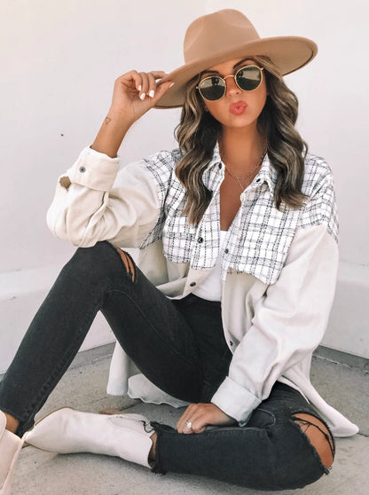 Corduroy Plaid Splicing Lapel Long Sleeve with Pockets