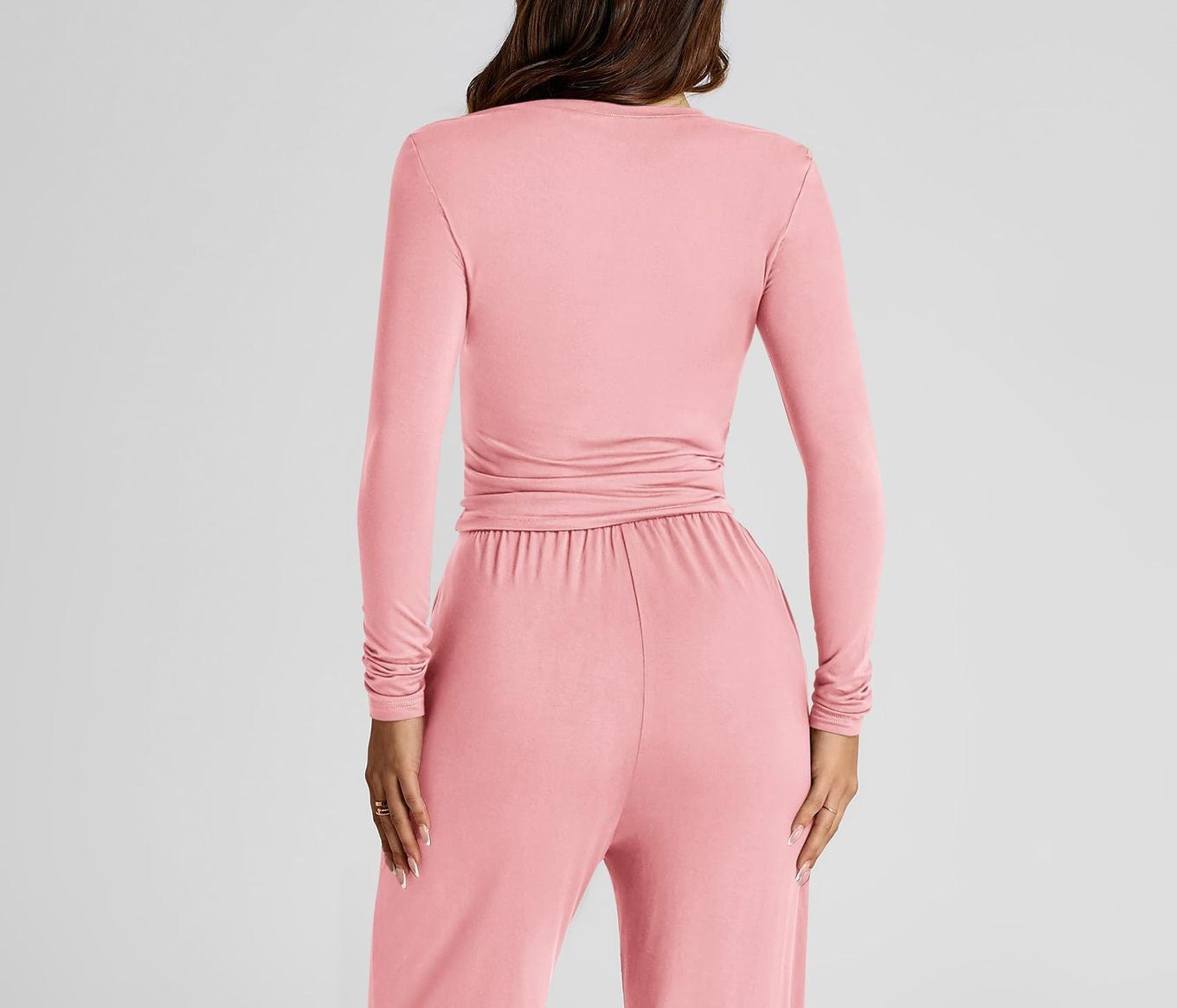 2-Piece Suit Long Sleeve Top & High-Waist Wide Leg Pants Solid