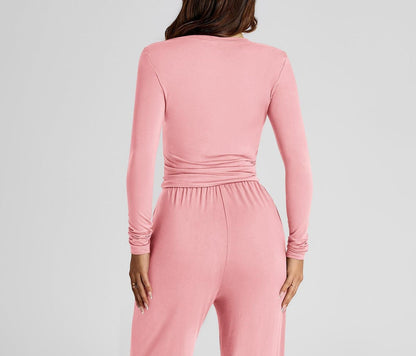 2-Piece Suit Long Sleeve Top & High-Waist Wide Leg Pants Solid