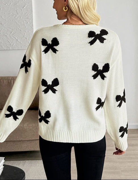 Lace-Up Cardigan Sweater Cute Bow Pattern