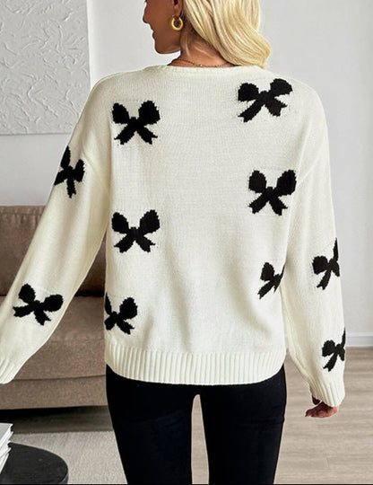 Lace-Up Cardigan Sweater Cute Bow Pattern