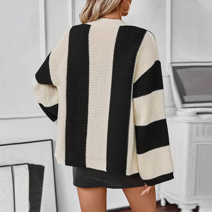 Contrast Color Striped Cardigan Loose Fit Knitted