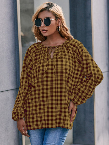 Casual Loose Fit Long-Sleeve Check V-Neck Tie Front Shirt Top