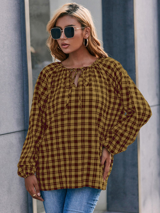 Casual Loose Fit Long-Sleeve Check V-Neck Tie Front Shirt Top