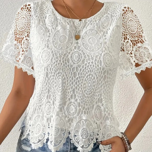 Elegant Lace V-Neck Blouse With Floral Cut-Out Detail Short Sleeve