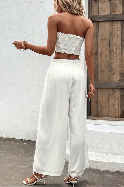 Ruffled Vest & Long Wide Trousers  Set Sleeveless Midriff Two-Piece