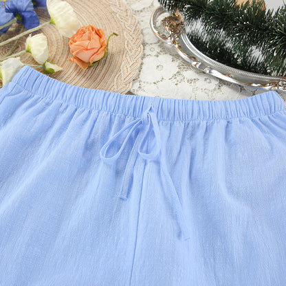 Cotton Loungewear Set Long Sleeve Cardigan with Lace-Up Shorts