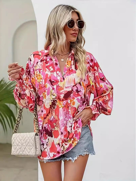 V-Neck Printed Top Lantern Sleeve Long Sleeve Shirt Blouse