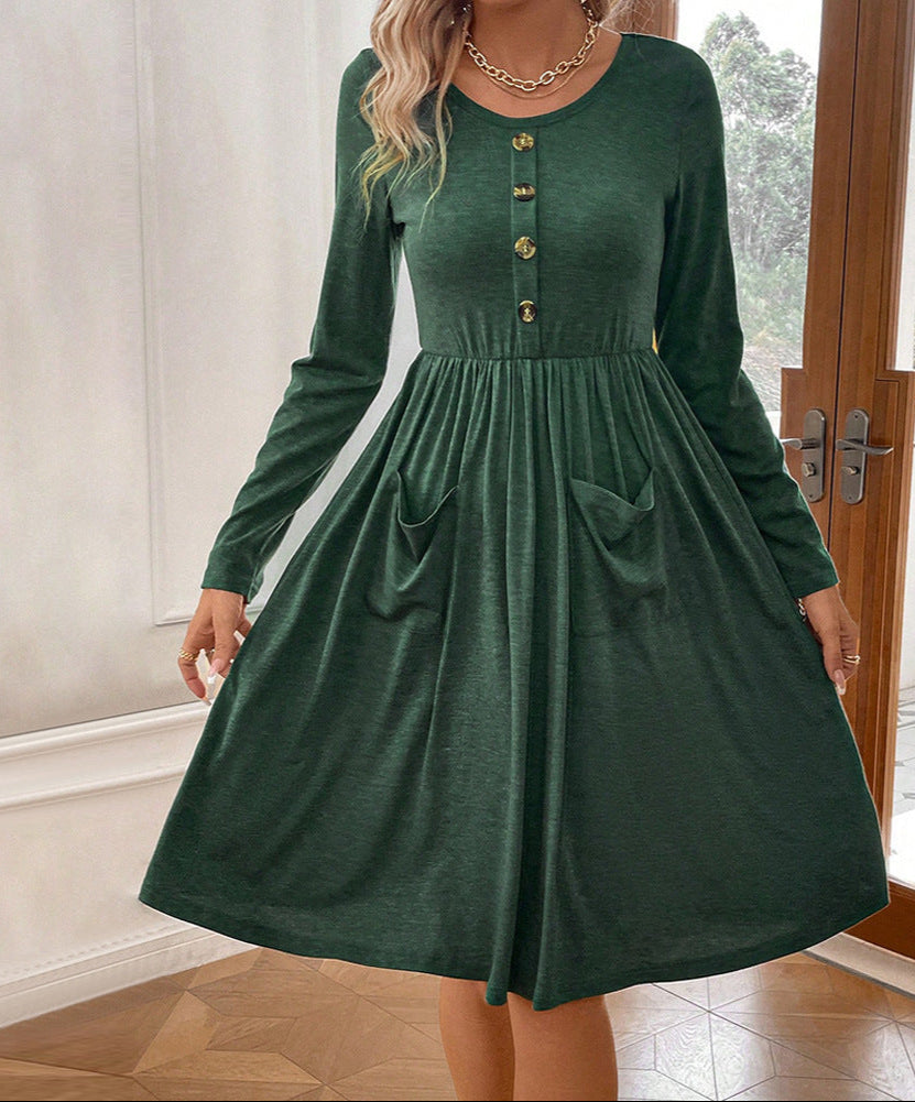 Knitted Long-Sleeve Dress Waist-Tight Round Neck with Button Pocket