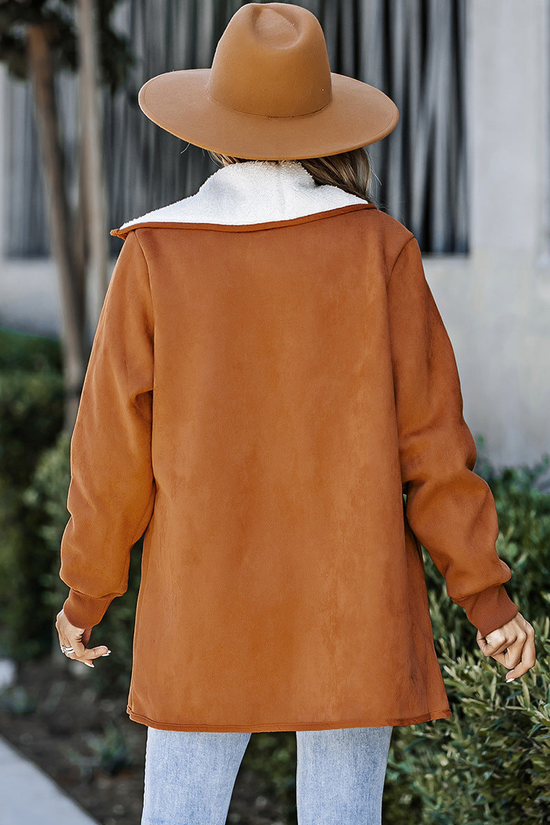 Pure Suede Jacket Long Loose Lapel Coat with Long Sleeves