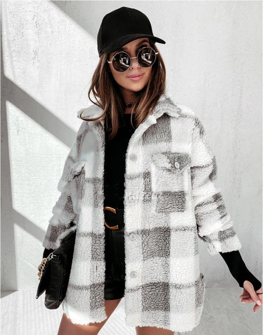 Long Sleeve Plaid Furry Double Pocket Warm