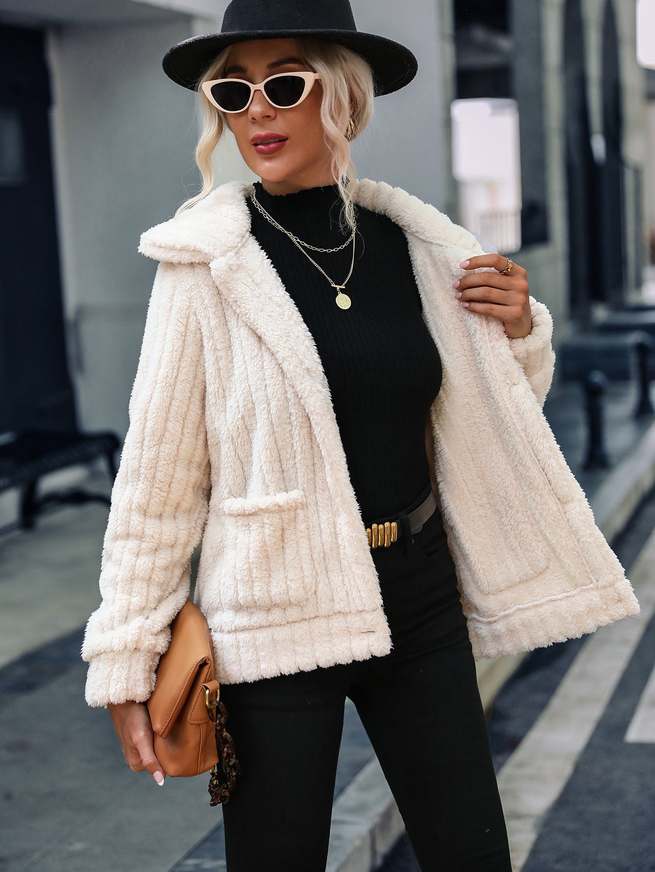 Single-Breasted Lapel Fleece Jacket Long Sleeve