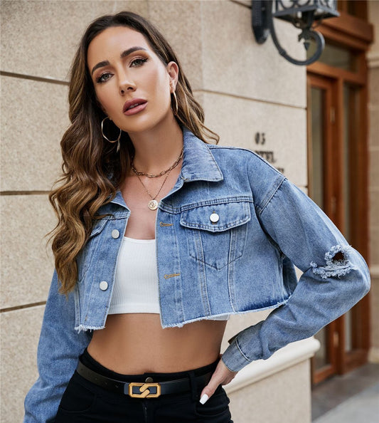 Loose Fit Distressed Denim Jacket – European & American Style