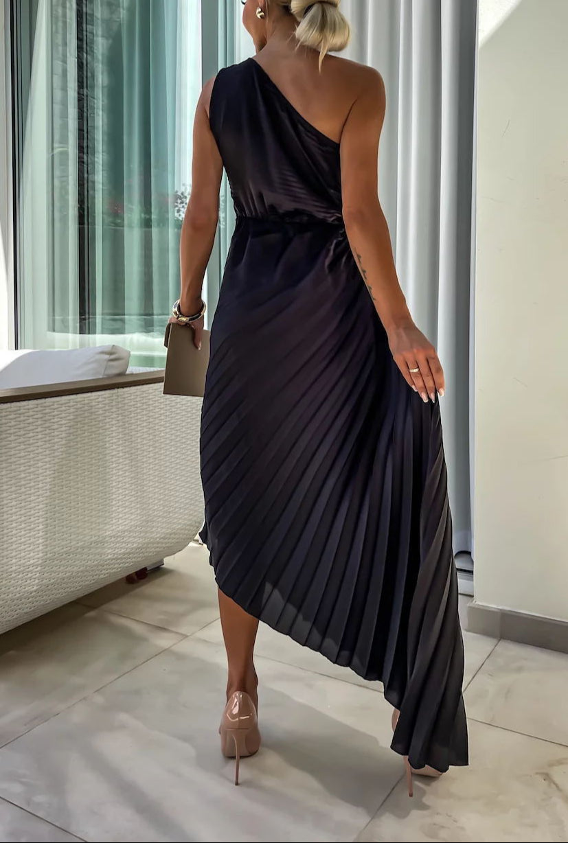 Pleated One-Shoulder Dress with Rose Flower Asymmetrical