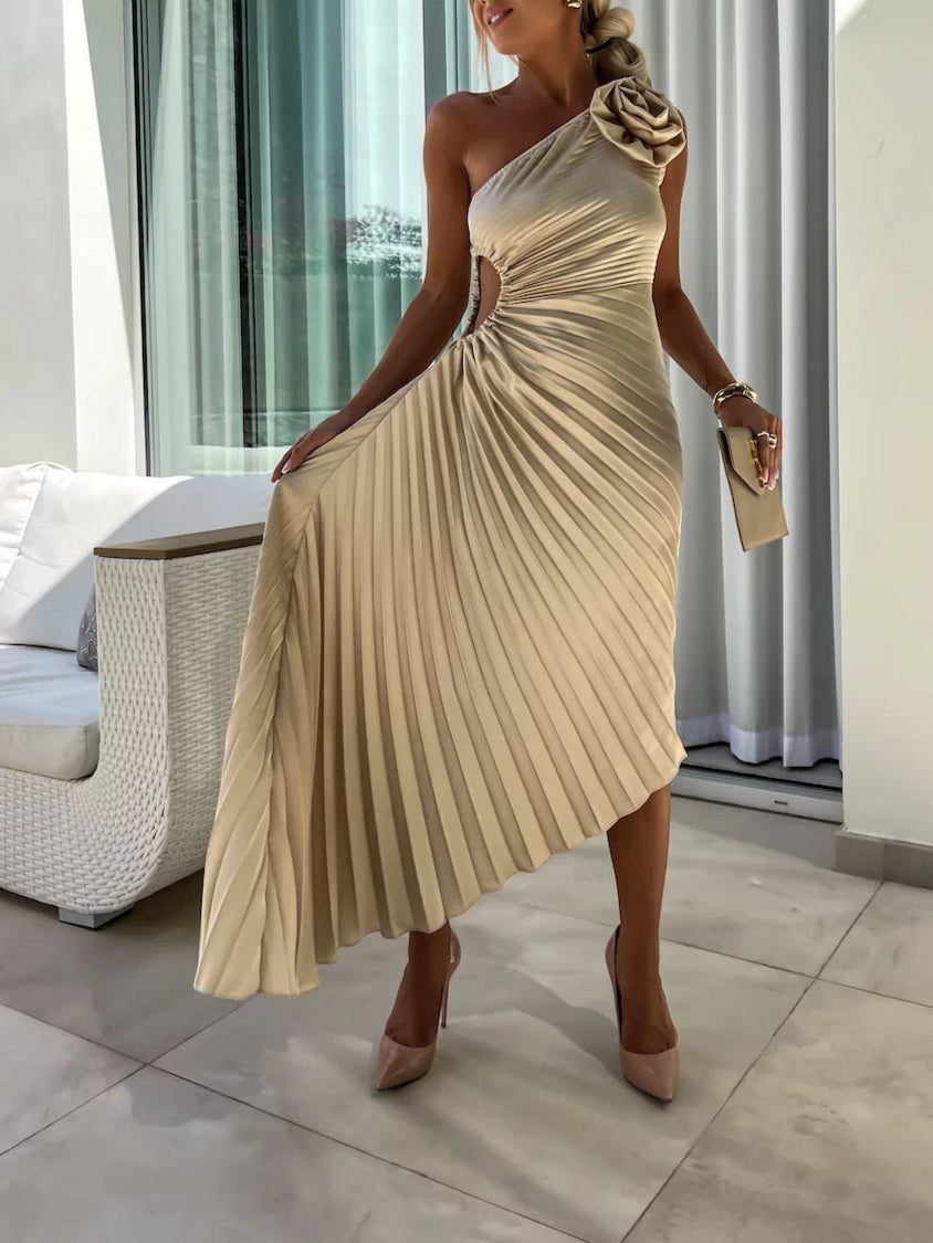 Pleated One-Shoulder Dress with Rose Flower Asymmetrical