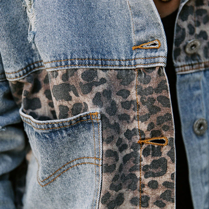 Leopard Print Stitching Denim Jacket