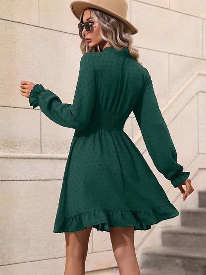Tight Waist Solid Color Bow Tie Long Sleeve Dress