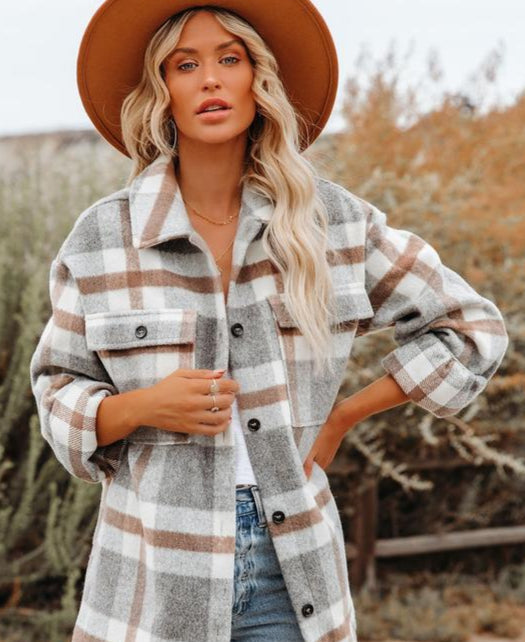 Plaid Flannel Woolen Shirt Button-Up Long Sleeve