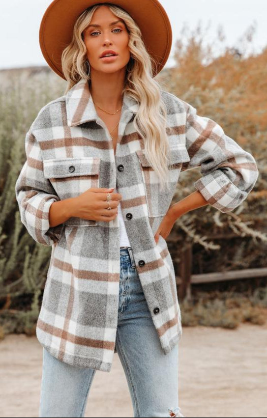 Plaid Flannel Woolen Shirt Button-Up Long Sleeve