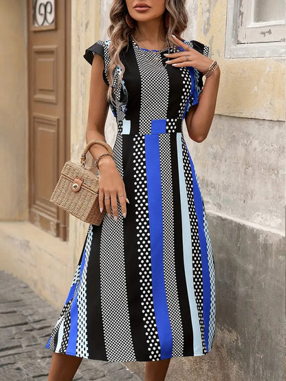 Striped Dress Round Neck Flounced Sleeve