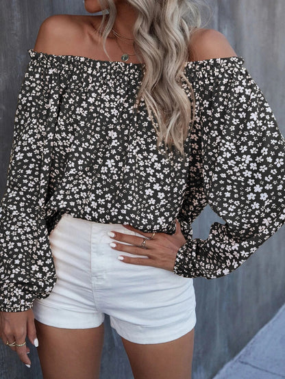 Off-Shoulder Printed Long Sleeve Loose Shirt
