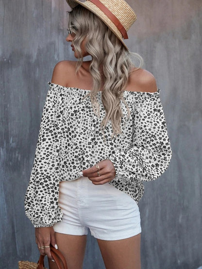 Off-Shoulder Printed Long Sleeve Loose Shirt