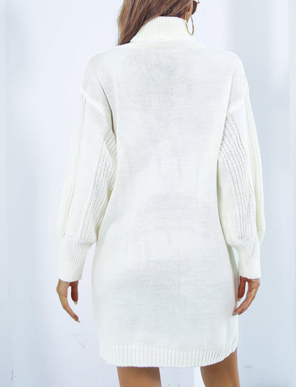 Turtleneck Sweater Dress Twist Knit Lantern Sleeve