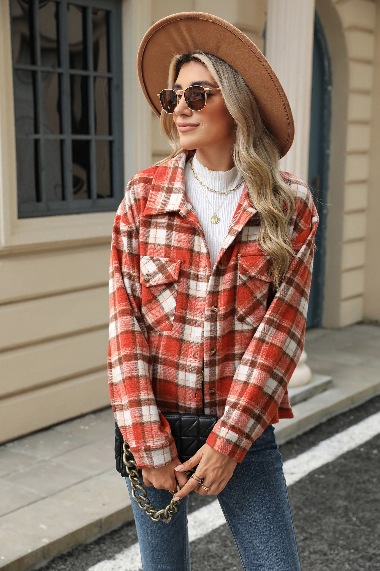 Lapel Plaid Button Loose Long-sleeved Woolen Coat
