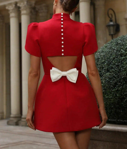 Half Turtleneck Short Sleeve Dress with High Waist Bow Trim Skirt