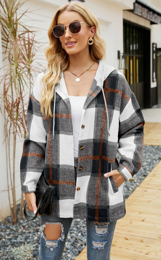 Plaid Hooded Coat Casual Loose Shirt Jacket