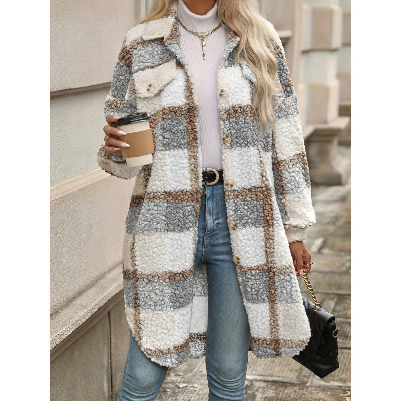 Lapel Colorblock Plaid Padded New Design Coat