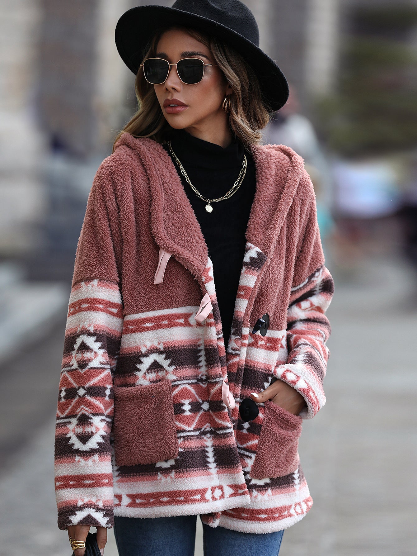 Hooded Long-Sleeve Jacket Geometric Print with Buttons