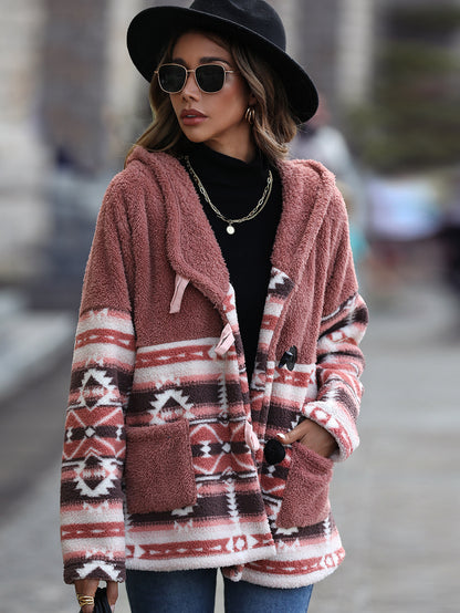 Hooded Long-Sleeve Jacket Geometric Print with Buttons