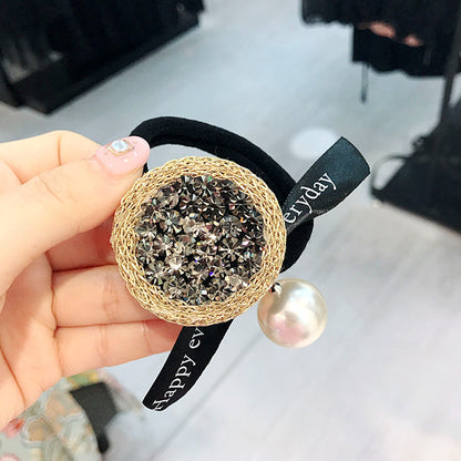 Round Rhinestone Pearl Hair Tie