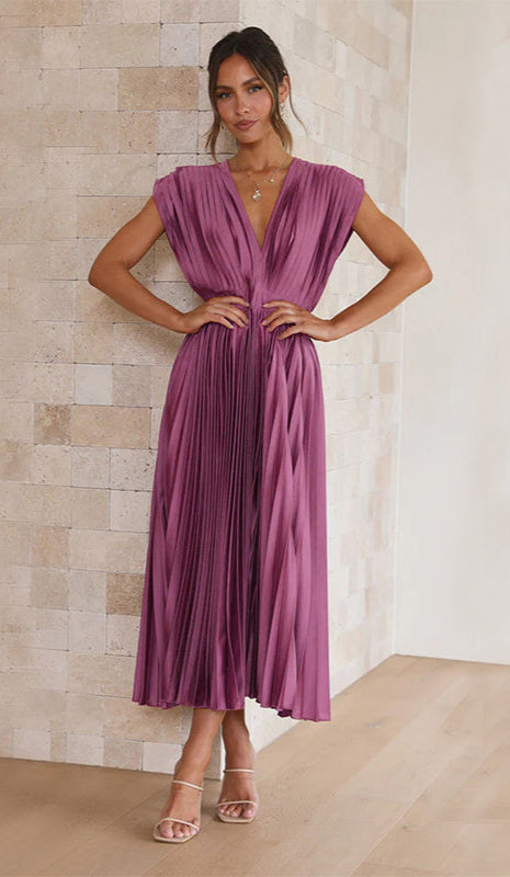 V-Neck Pleated Dress Loose Zip-Up Dress