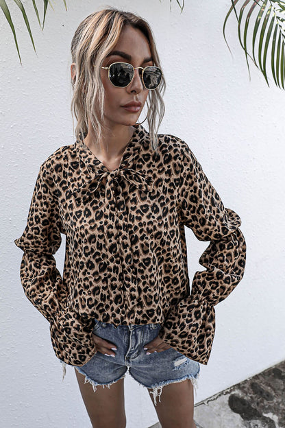 Leopard Print Lace-up Lantern Sleeve Blouse