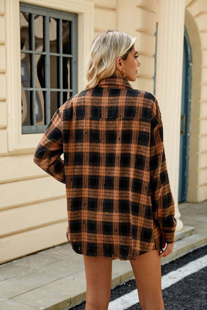 Retro Plaid Shirt Long Sleeve Loose Fit with Lapel Collar