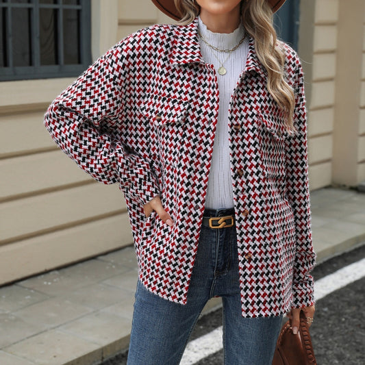 Lapel Plaid Multi-Button Long Sleeve Woolen Loose Fit Winter Jacket