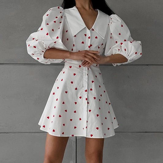 Cotton And Linen Puff Sleeve High Waist Heart Printing Dress