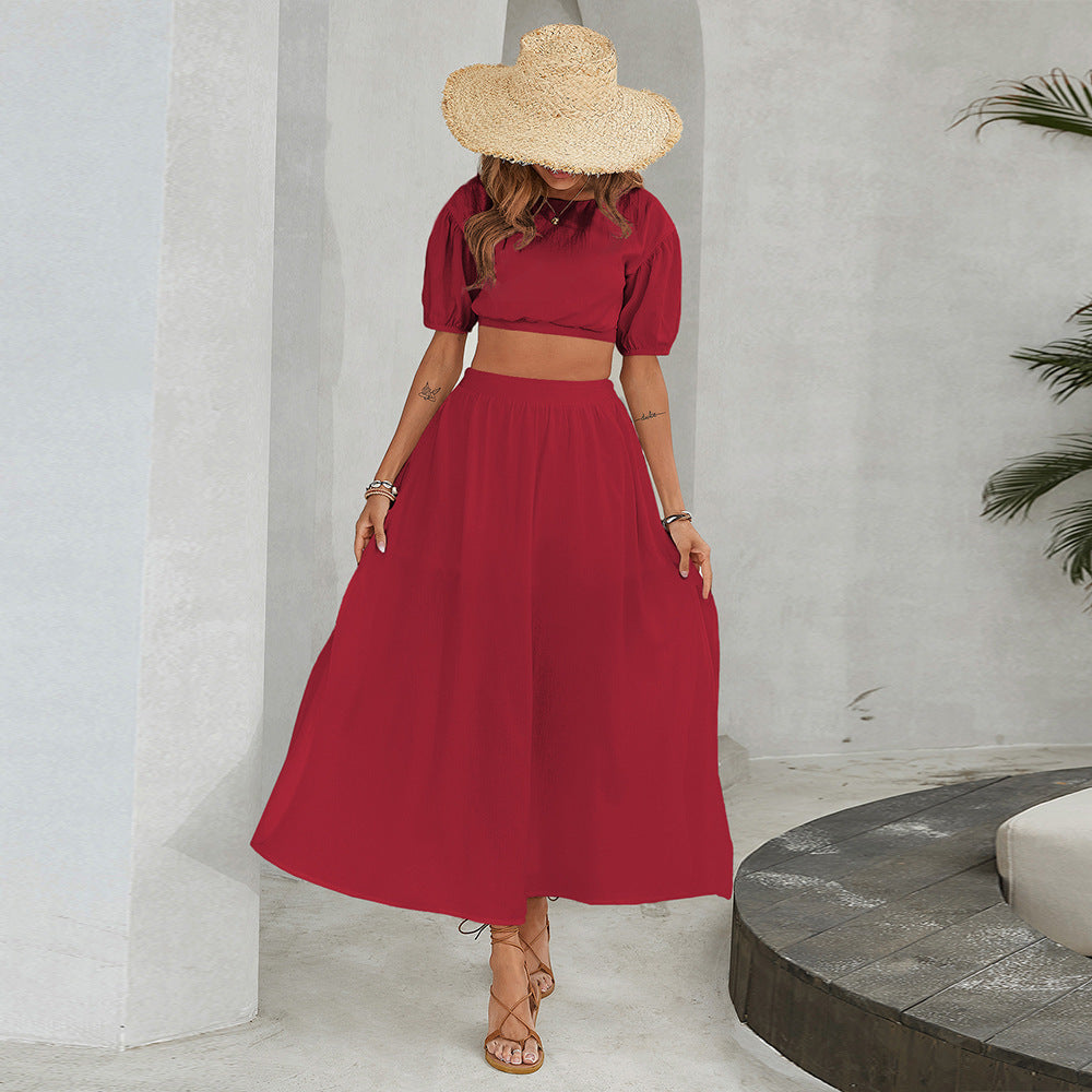 Two-Piece Outfit Solid Midi Skirt Fashion Set