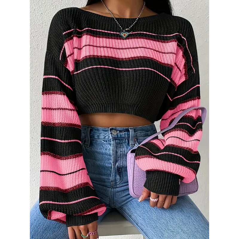 Block Striped Cropped Sweater Crew Neck Lantern Sleeve